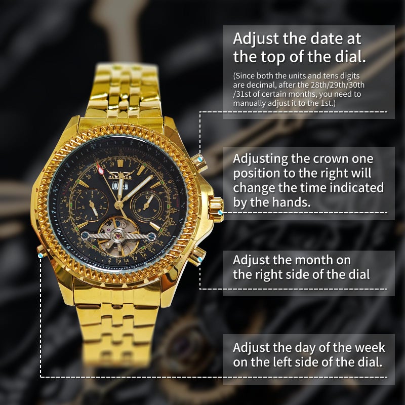 Gute Men's Automatic Watch, Luxury Gold Tone Stainless Steel Big Face Mens Multi Functional Mechanical Wristwatchâ€¦ - Image 5